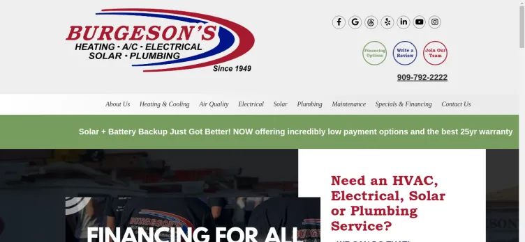 Screenshot Burgeson's Heating, A/C, Electrical, Solar & Plumbing