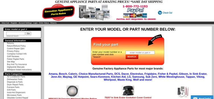 Screenshot Genuine Appliance Parts Sales