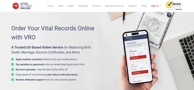 Screenshot Vital Records Online