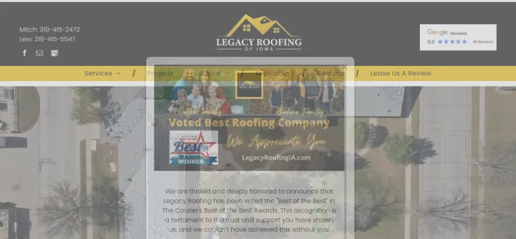 Screenshot Legacy Roofing of Iowa