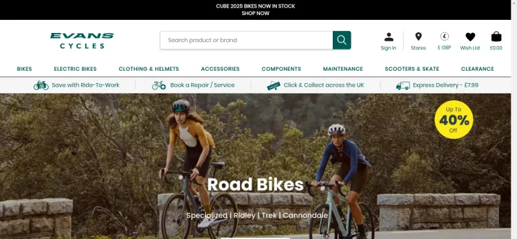 Screenshot Evans Cycles